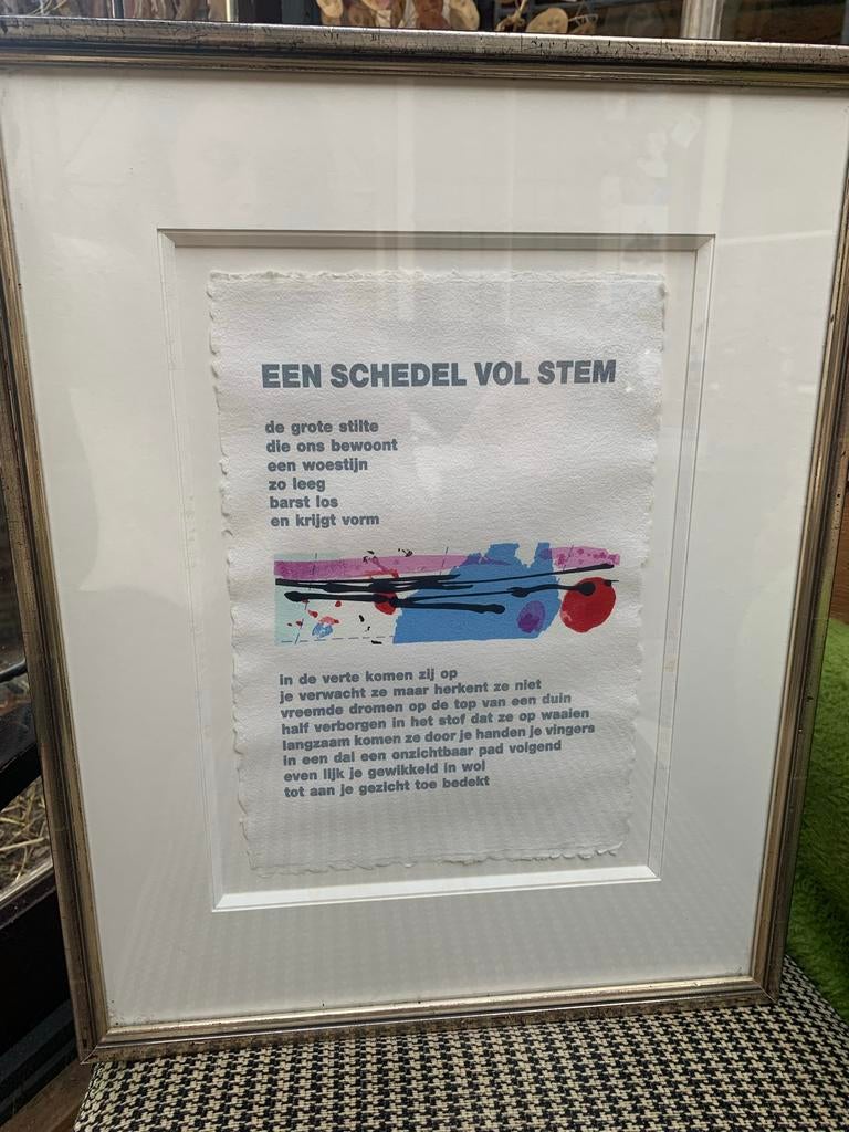 4 ingelijste zeefdrukken Corneille met gedichten Schierbeek, Ophalen of Verzenden