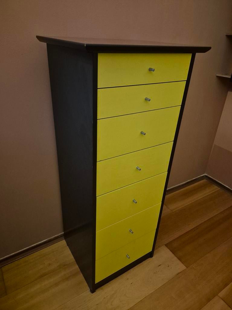 Ladekast - 7 lades - hout - zwart/geel, Huis en Inrichting, Kasten | Ladekasten, Ophalen, Minder dan 50 cm, Gebruikt, 5 laden of meer