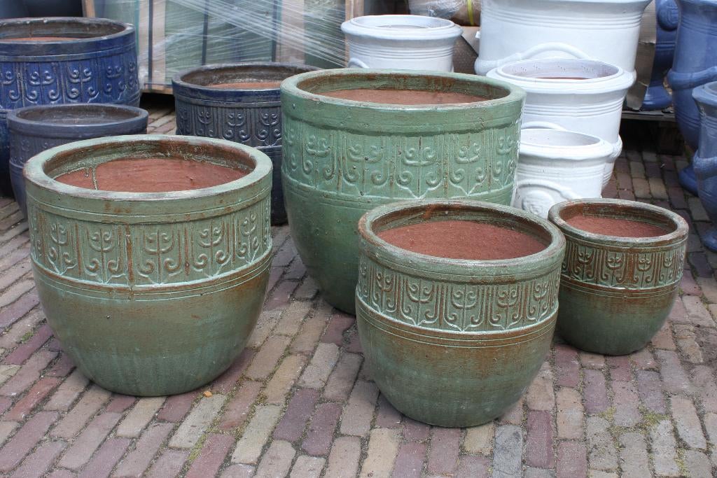 Nieuwe aardewerk bloempotten geglazuurd groen en blauw, Ophalen, 40 cm of meer, Rond, Nieuw