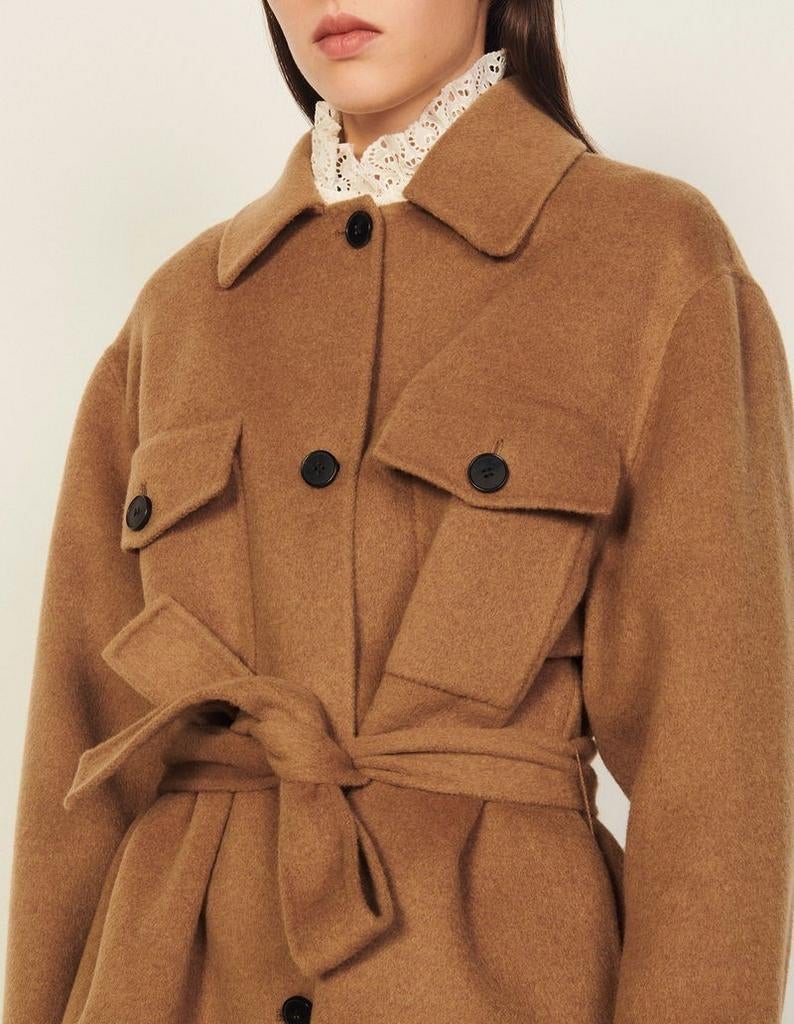 Sandro wollen jas met ceintuur - Maat M/L, Maat 38/40 (M), Bruin, Sandro, Ophalen of Verzenden