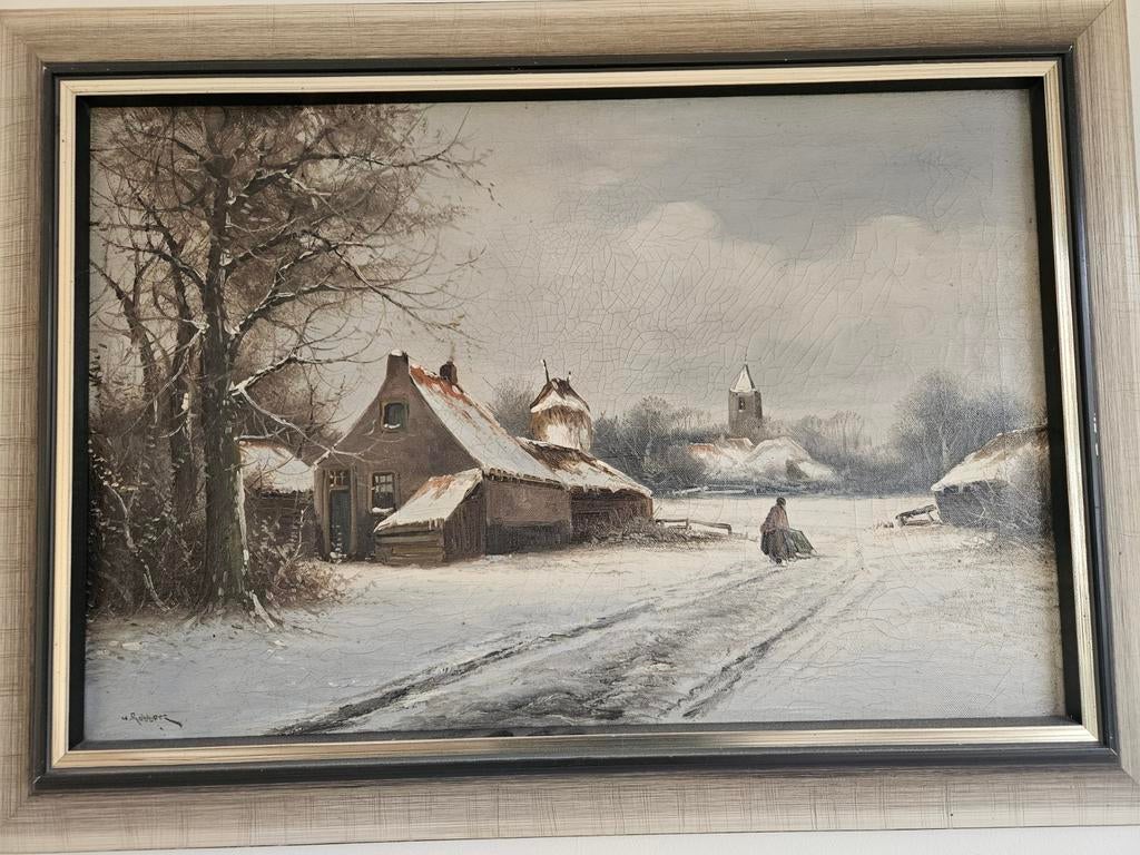 Schilderij Winterlandschap met boerderij en kerk, Ophalen of Verzenden
