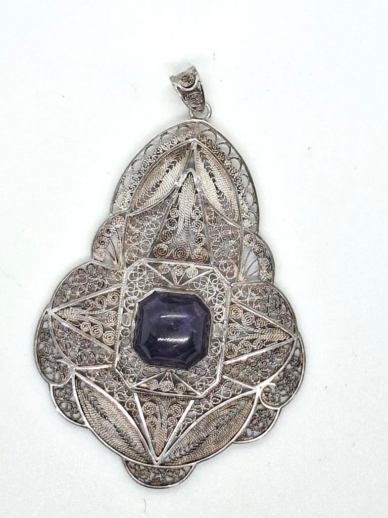 Grote Zilveren Filigraan Hanger met Amethist (voor 1953), Ophalen of Verzenden, Zilver, Zilver, Met edelsteen