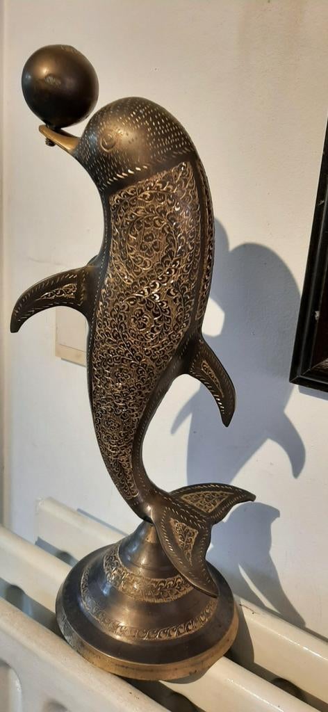 Vintage Bronzen, messing Dolfijn Beeld - Gedetailleerd, Antiek en Kunst, Ophalen of Verzenden