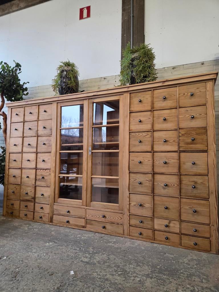 Prachtige originele apothekerskast ~ fourniturenkast, Ophalen, 5 laden of meer, Grenenhout, 200 cm of meer