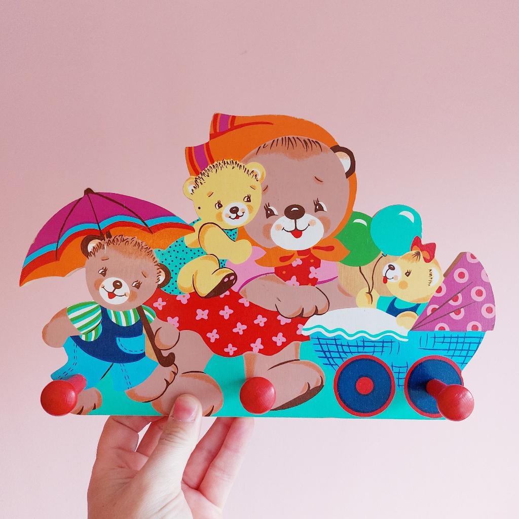 Mertenskunst houten kapstok met beertjes/teddyberen, 3 haken, Ophalen of Verzenden, Huis en Inrichting