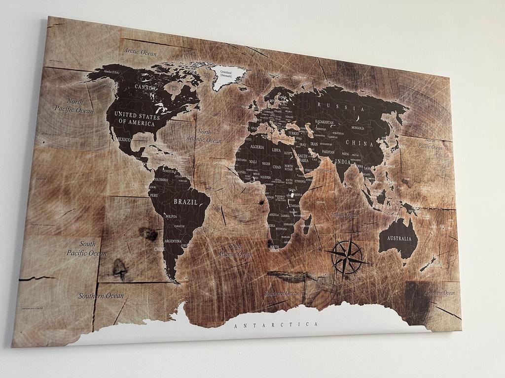 Wereldkaart op canvas, Gebruikt, Textiel, Ophalen of Verzenden, Bruin
