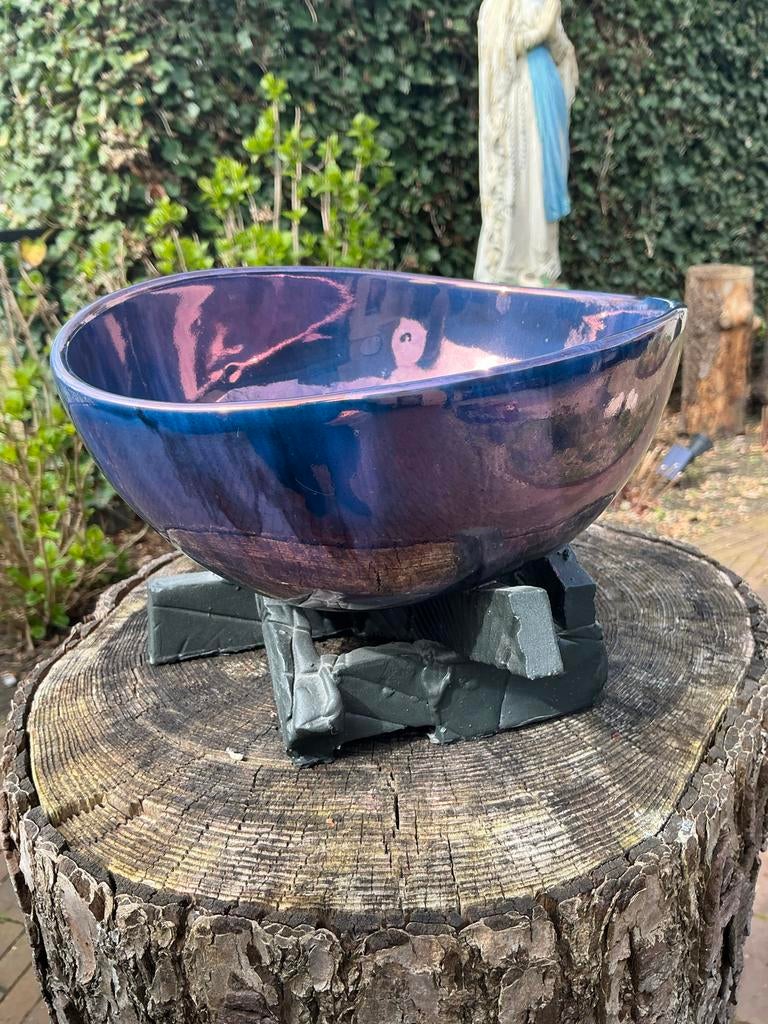 Kunstopject ❤️Blauw Parelmoerige Schaal op Hoekige Standaard, Ophalen of Verzenden