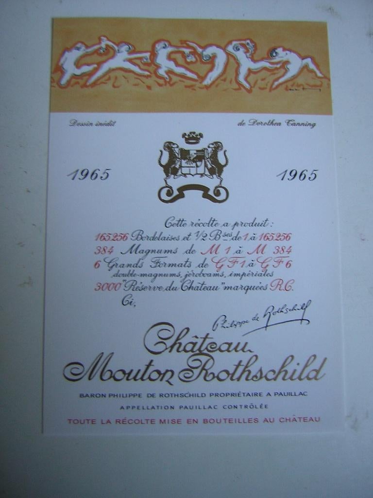 Origineel Chateau Mouton Rothschild Wijn Etiket 1965, Verzamelen, Wijnen, Frankrijk, Nieuw, Ophalen of Verzenden, Rode wijn