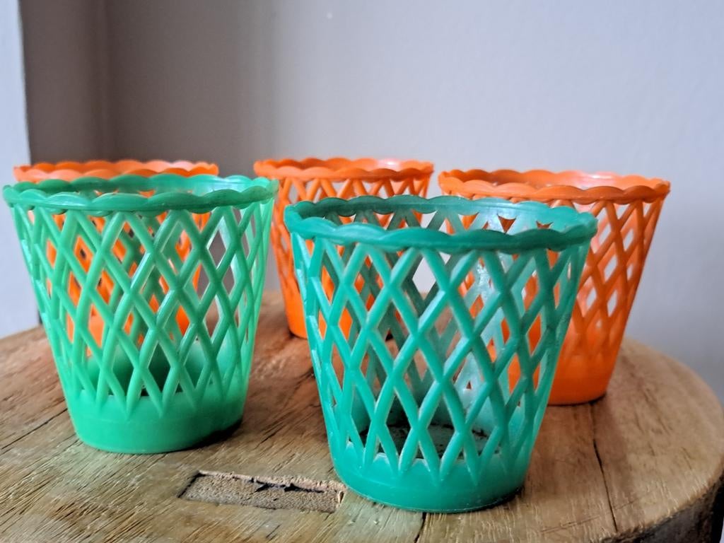 Set 5 x retro vintage bloempot - groen & oranje, Ophalen of Verzenden