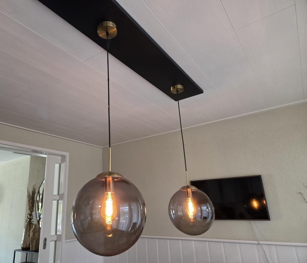 2x Hanglamp messing met smoke glas, Huis en Inrichting, Ophalen, Modern, Retro, Minder dan 50 cm, Glas