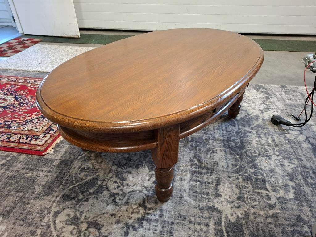 Ovaal massief eiken Salontafel met 2 laatjes Izgst. Zie oms,, Ophalen, Zo goed als nieuw, Ovaal, Eikenhout