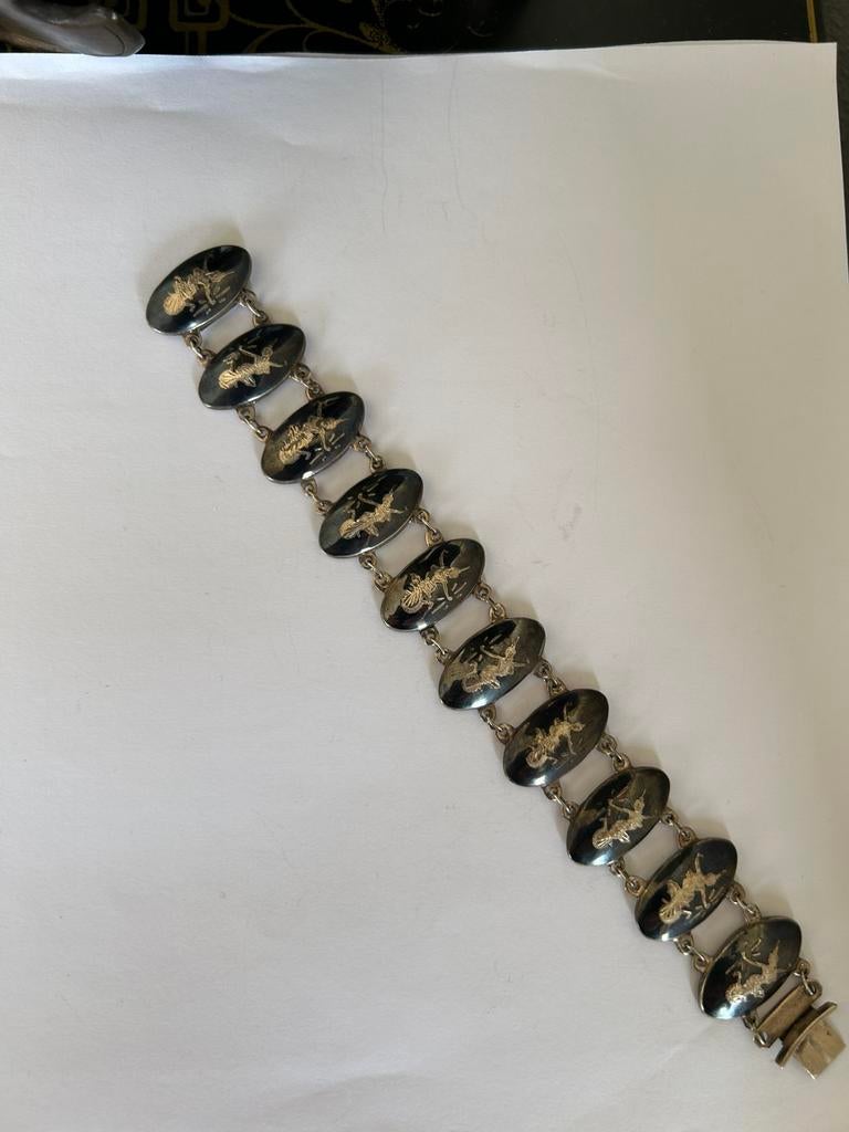 Siamese zilveren armband versierd met niëllo, 1e gehalte, Ophalen of Verzenden, Zilver