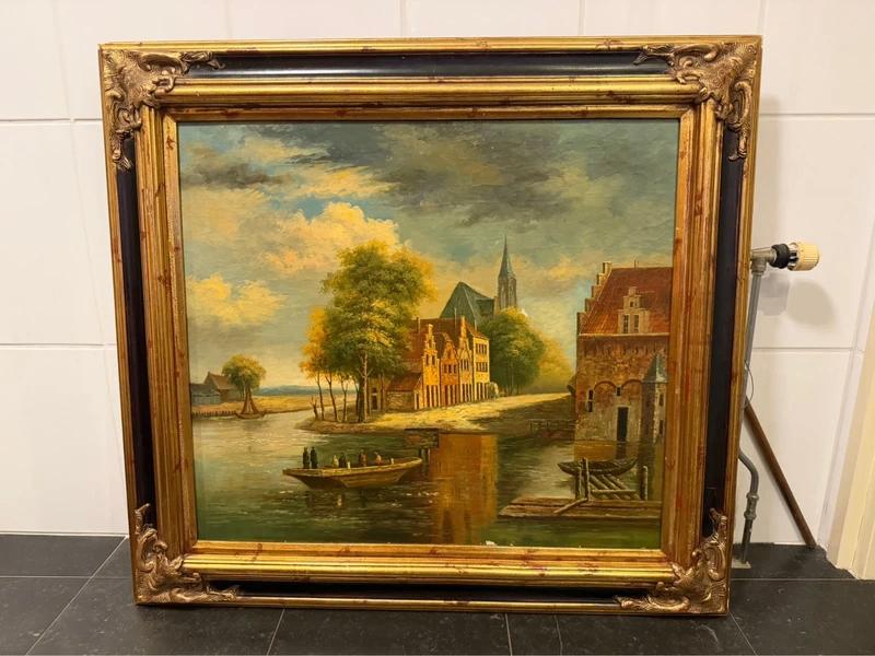 Antiek Olieverf schilderij -Klassiek stadsgezicht met boot, Antiek en Kunst, Kunst | Schilderijen | Klassiek, Ophalen of Verzenden