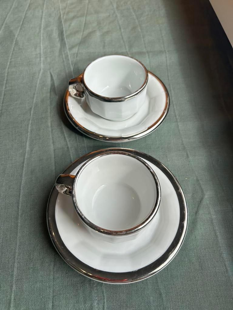 2 Vintage Pillivuyt Frankrijk Koffiekopjes - Zilveren Rand, Ophalen of Verzenden