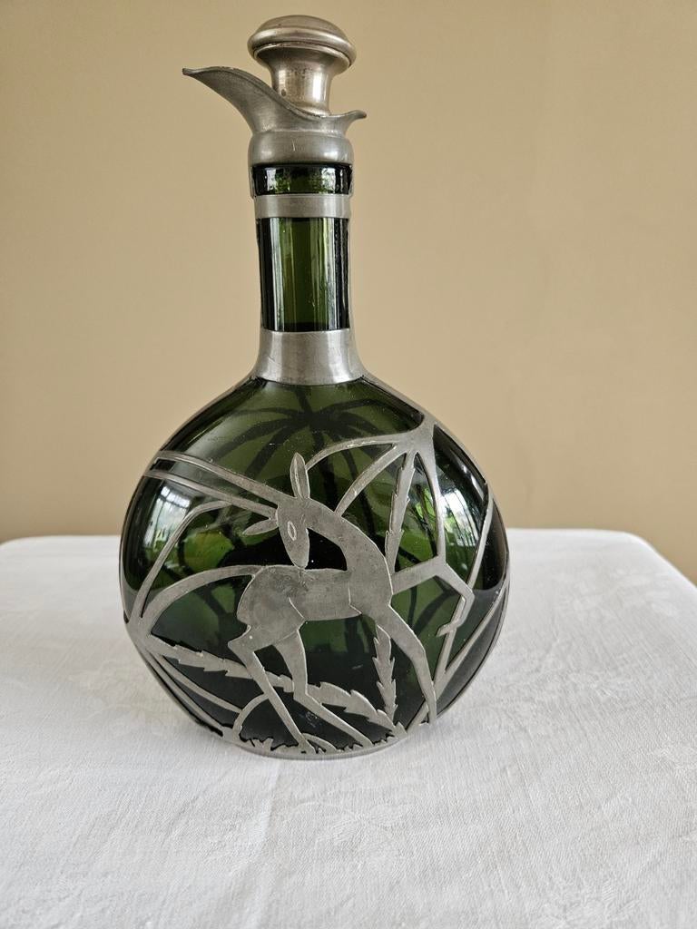 Antieke Art Nouveau Karaf Groen Glas Hert/Hond in Tin, Antiek en Kunst, Ophalen of Verzenden