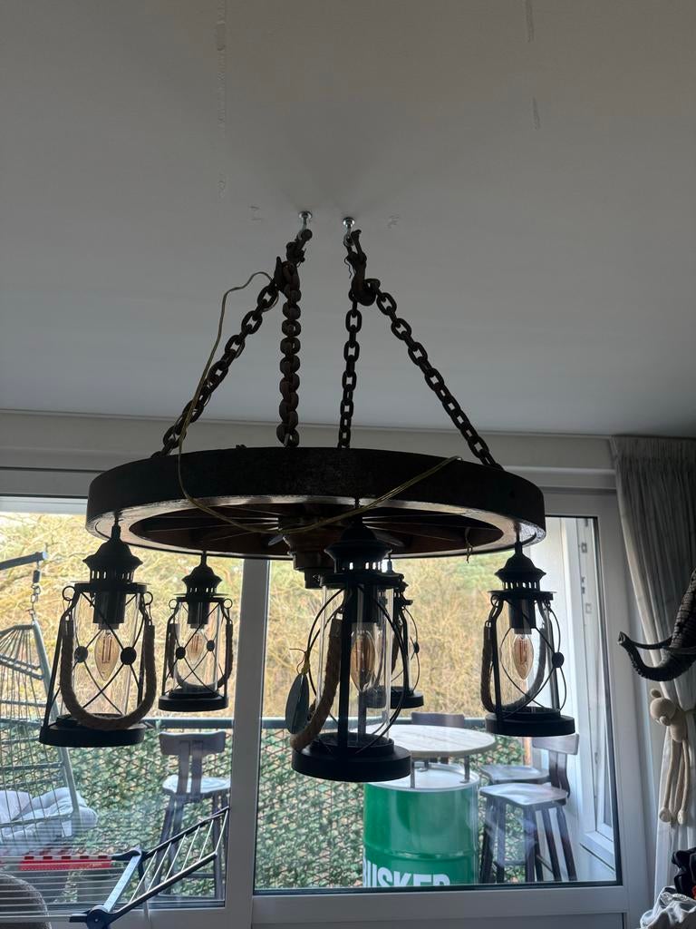 Hanglamp met lantaarns, Ophalen of Verzenden, Gebruikt, Hout, 50 tot 75 cm
