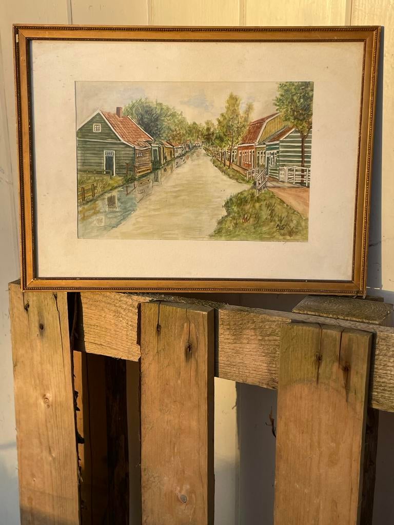 Schilderij met gracht en huizen, Ophalen of Verzenden