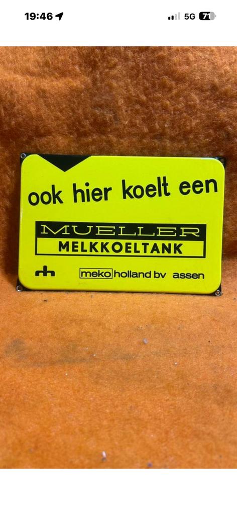 Prachtig mooi Emaille bord Mueller melkkoeltank, Ophalen of Verzenden