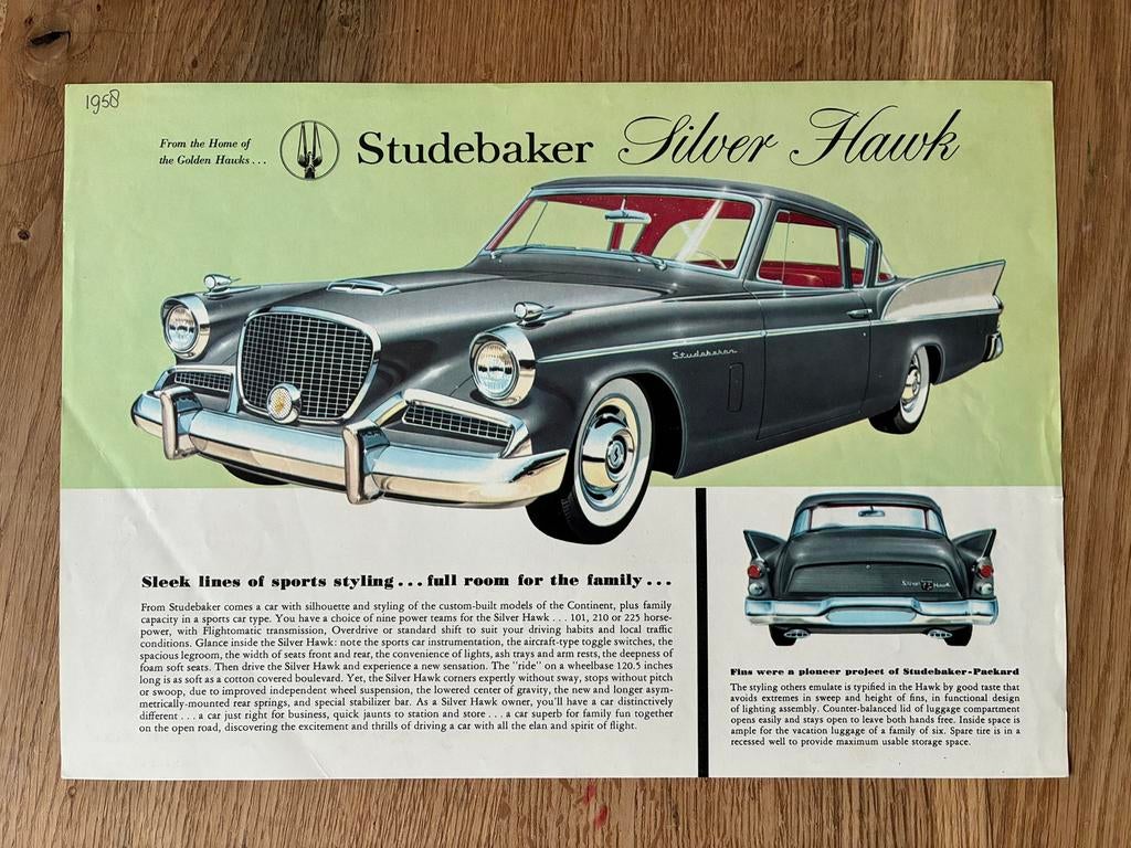 Studebaker Silver Hawk brochure sheet, Ophalen of Verzenden, Zo goed als nieuw, Overige merken