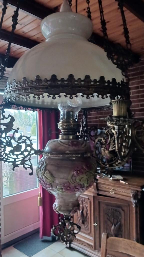 Antieke Olie Hanglamp met Bloemmotief, Antiek en Kunst, Antiek | Lampen, Ophalen