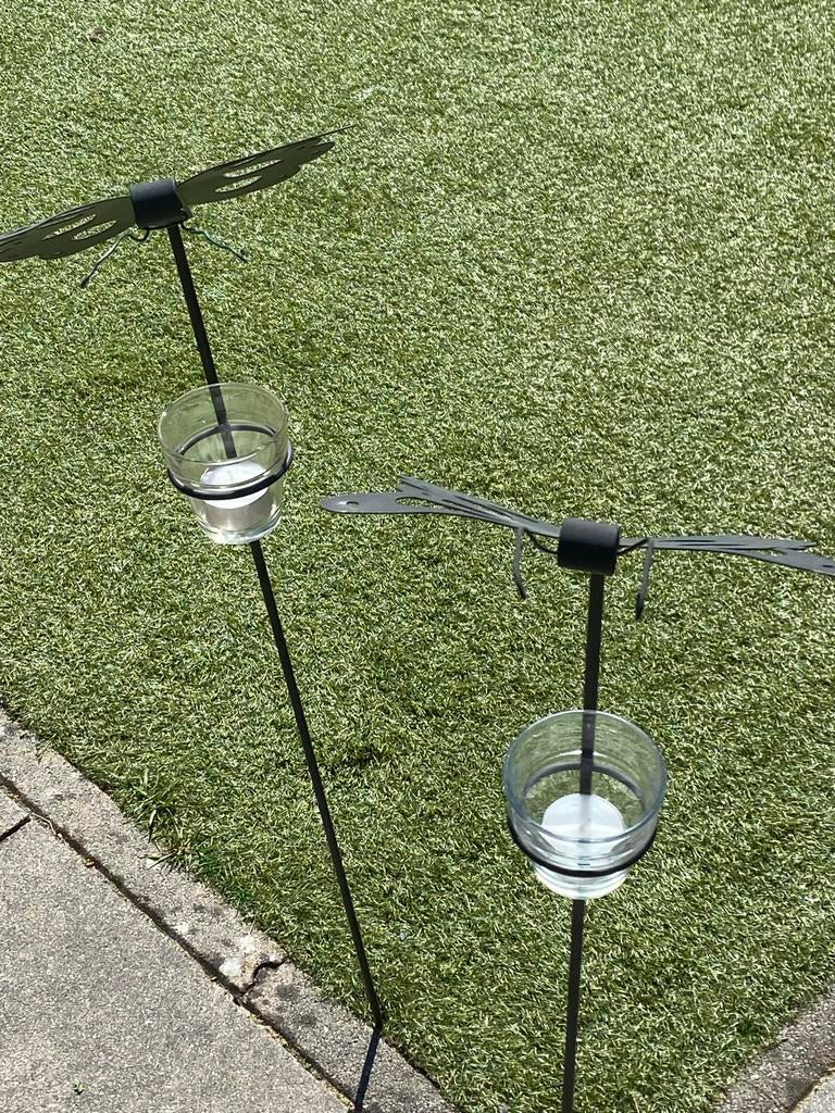 Tuin stekers vlinders metaal/glas voor waxinelichtjes, Tuin en Terras, Ophalen, Gebruikt