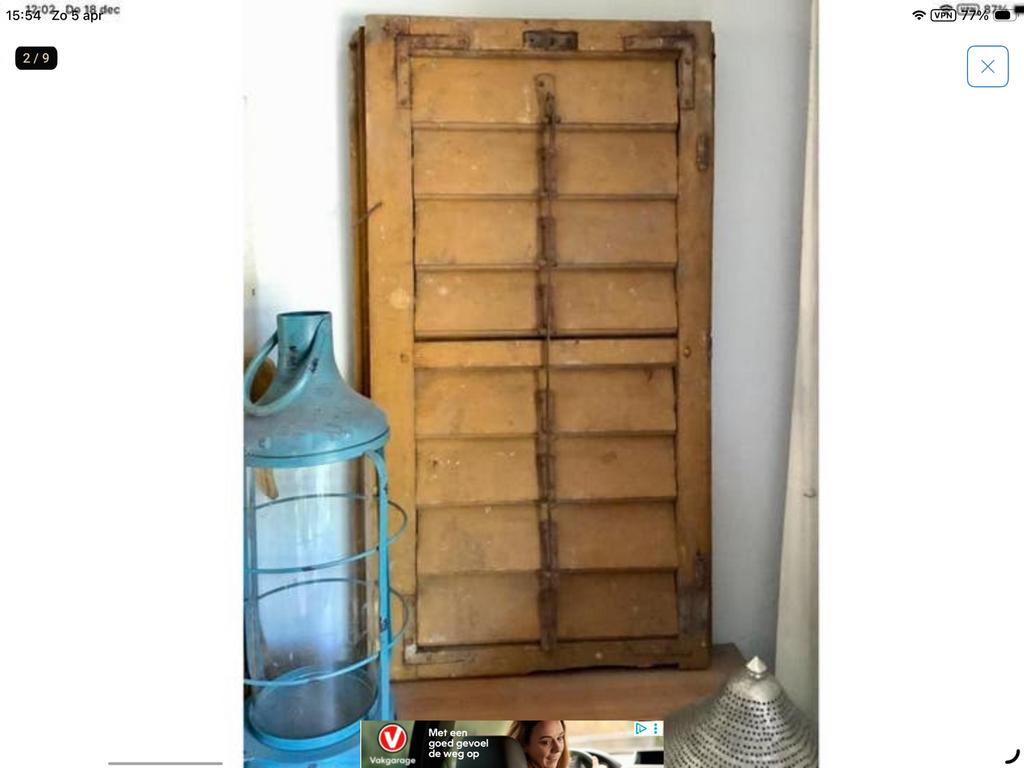 Brocante louvre luik, mosterdgeel, met draaibare lamellen, Ophalen