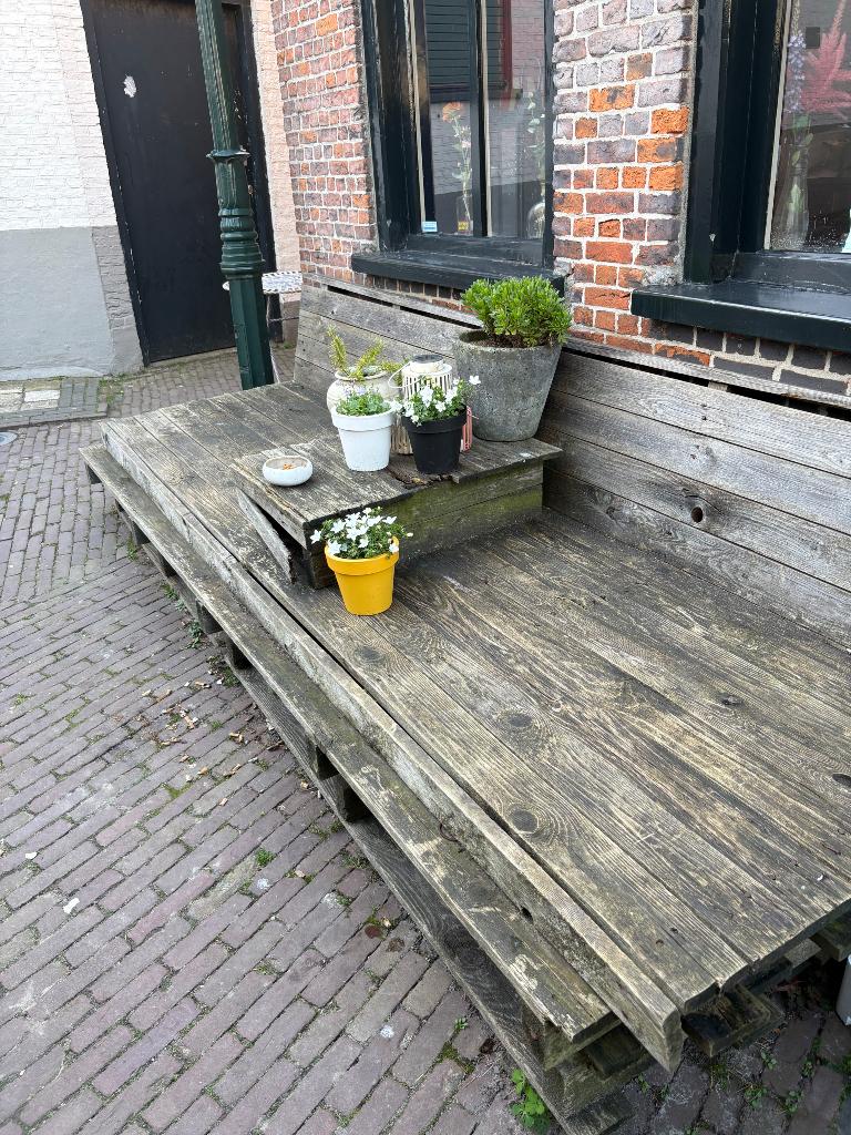 Terrasstoelen tafels en bank (inclusief kussens), Ophalen, Gebruikt, Rechthoekig, Hout