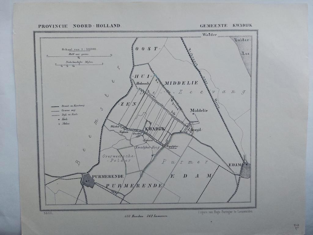 22 / Kwadijk Purmerend Edam Middelie Litho 1866 van J Kuyper, Ophalen of Verzenden