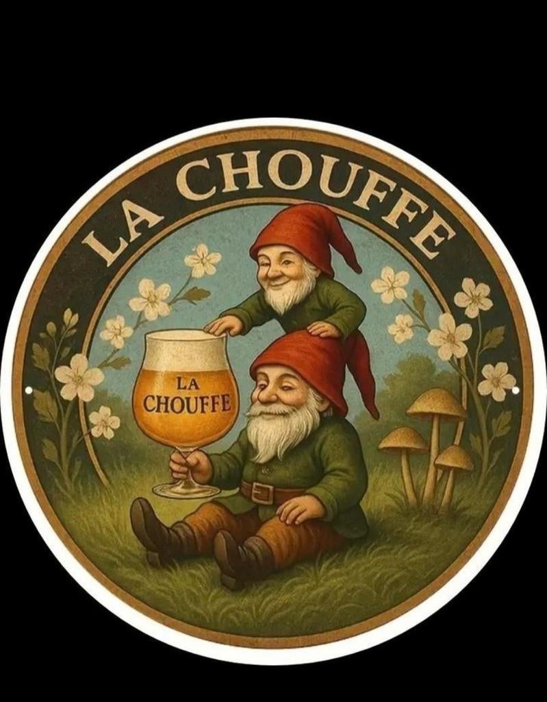 Prachtig La Chouffe wandbord met de bekende kabouters!, Verzamelen, Biermerken, Ophalen of Verzenden, Nieuw, Reclamebord, Plaat of Schild