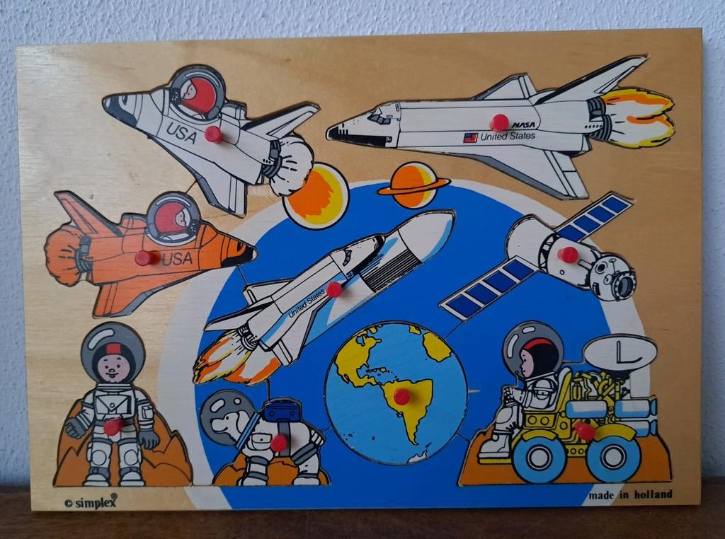 Vintage houten Simplex Toys puzzel Ruimtevaart, Ophalen of Verzenden, Zo goed als nieuw