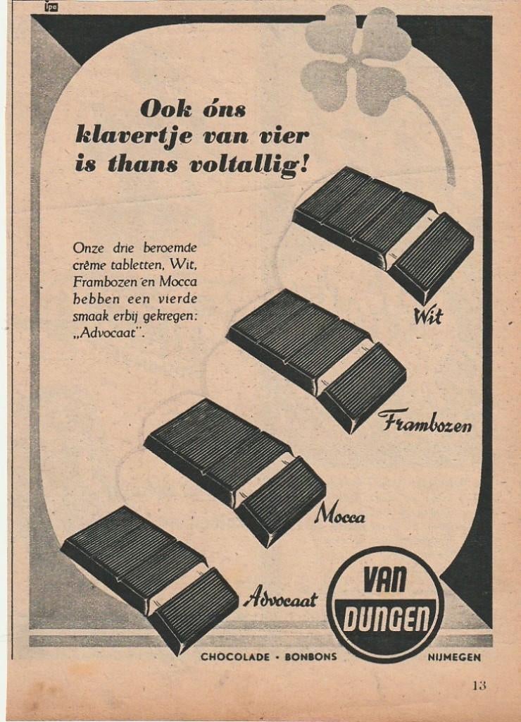 Retro reclame 1948 Van Dungen chocolade klavertje vier, Verzenden, Overige typen