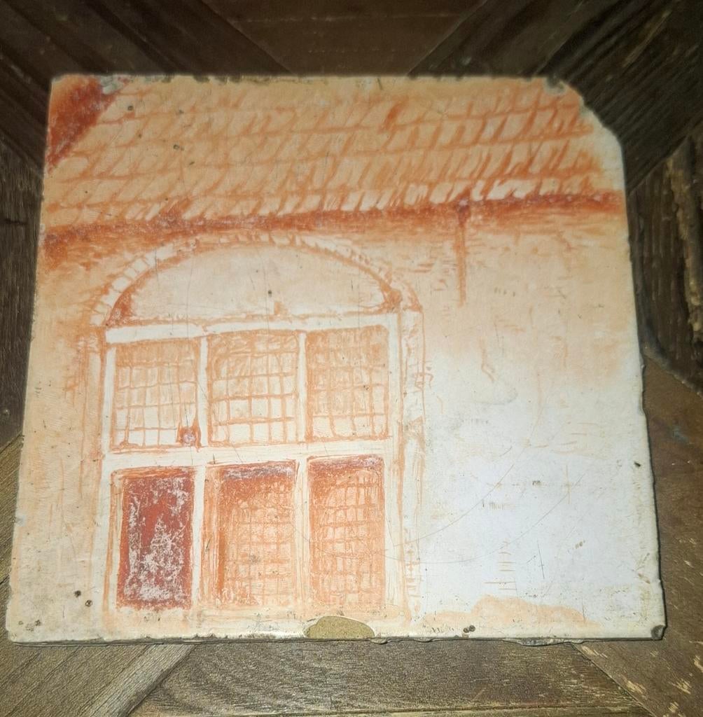 Antieke tegel met raam en dak tekening, Antiek en Kunst, Ophalen of Verzenden