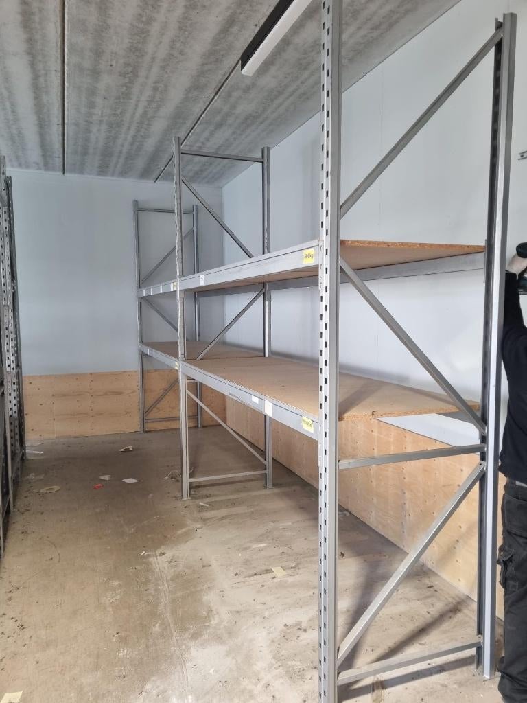 2 secties pallet stelling met houten legborden, Ophalen, Gebruikt