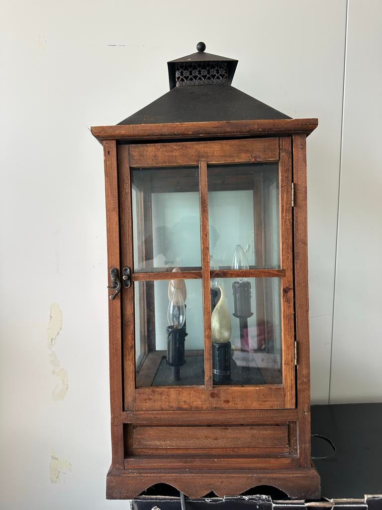 Vintage Houten Lantaarn met Verlichting, Ophalen of Verzenden, Gebruikt