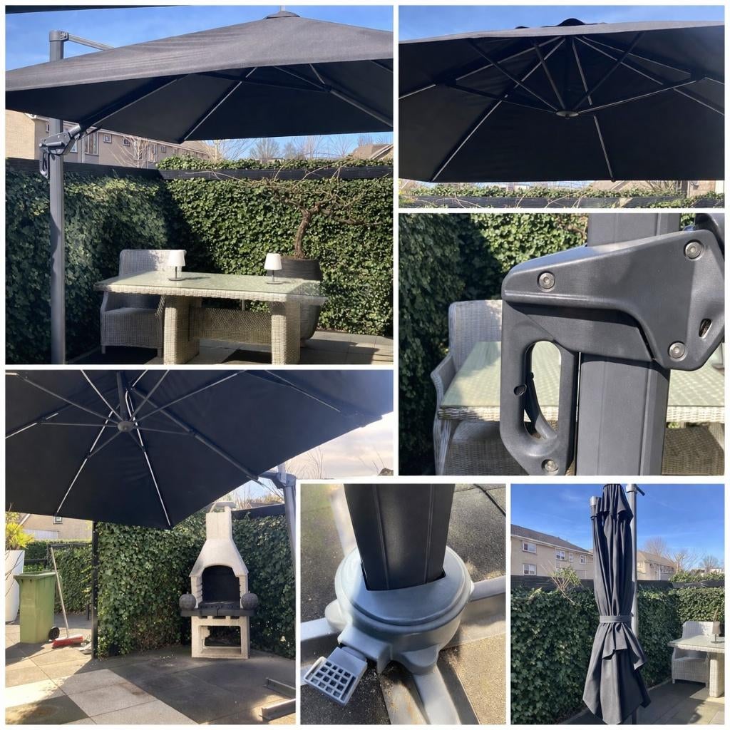 Parasol - Hawaii de Luxe met LED verlichting - Zwart doek, Tuin en Terras, Parasols, Ophalen, Verstelbaar, 3 tot 4 meter, Zweefparasol