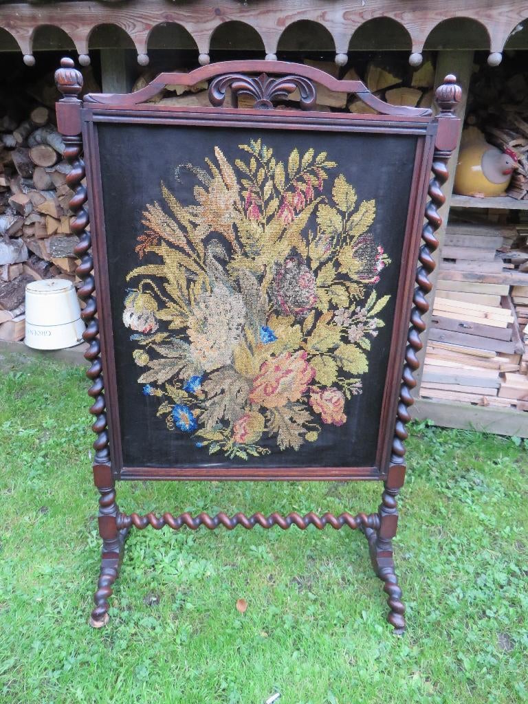Antieke mahoniehouten geborduurde haardscherm 19 eeuw, Ophalen of Verzenden
