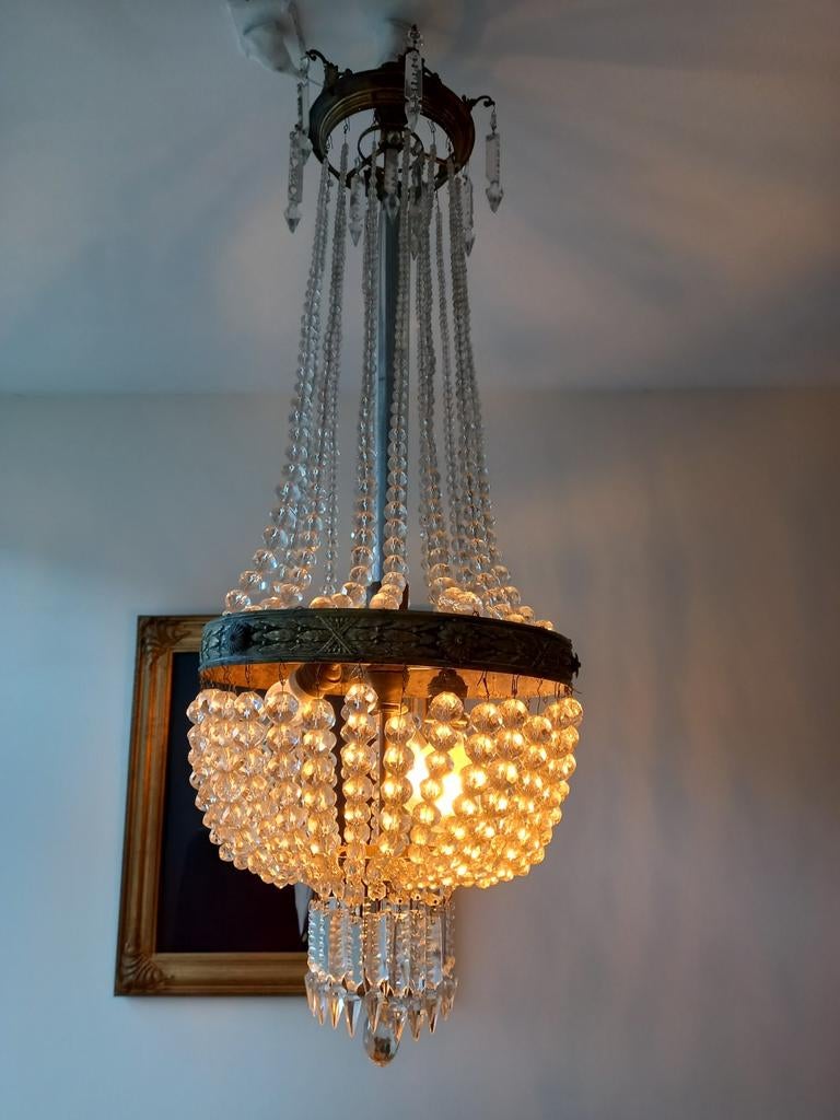 Antieke kroonluchter/zakkroon kristallen kralen/3lichtpunten, Antiek en Kunst, Antiek | Woonaccessoires, Ophalen