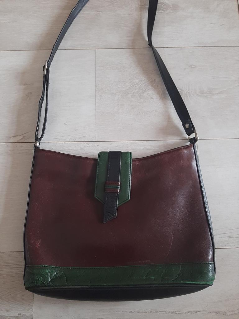 Vintage Bordeaux Groene Schoudertas Handtas, Sieraden, Tassen en Uiterlijk, Tassen | Damestassen, Gebruikt, Handtas, Paars, Ophalen of Verzenden