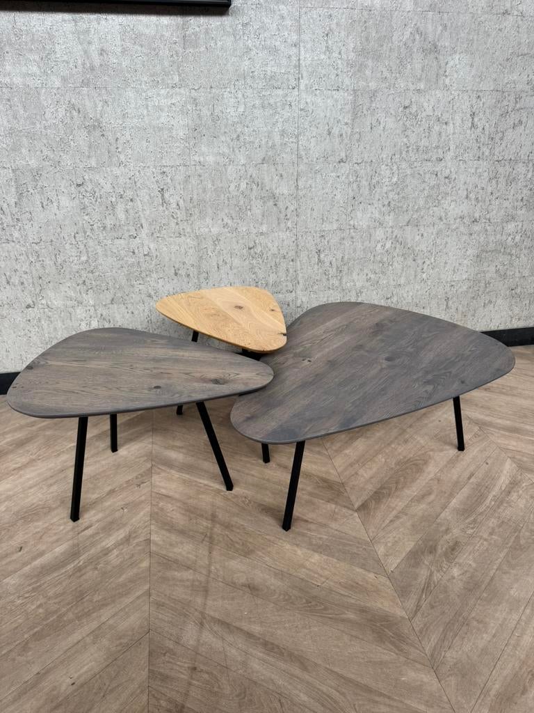 Salontafel trio organische vorm Kiezel *showroom, Huis en Inrichting, Tafels | Salontafels, 50 tot 100 cm, Eikenhout, Zo goed als nieuw