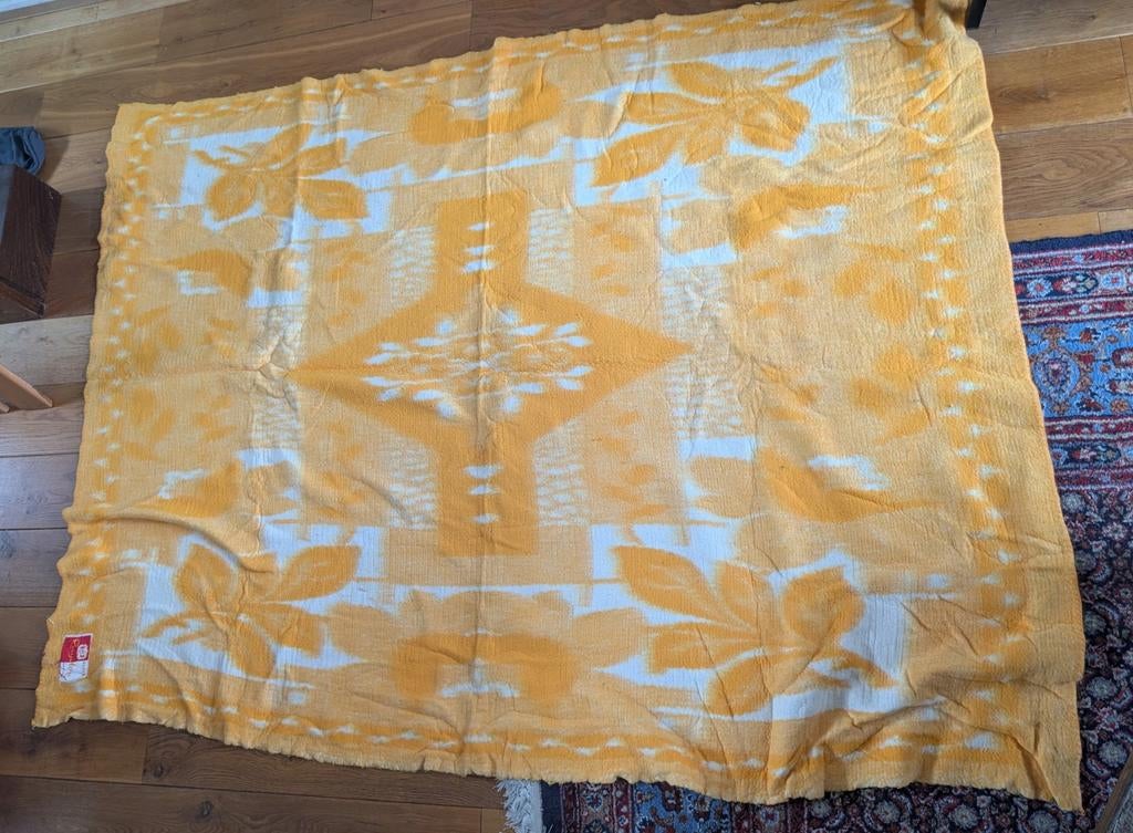 Vintage jaren 70 Rayolo deken geel met wit, Huis en Inrichting, Slaapkamer | Beddengoed, Gebruikt, Overige maten, Geel, Ophalen of Verzenden