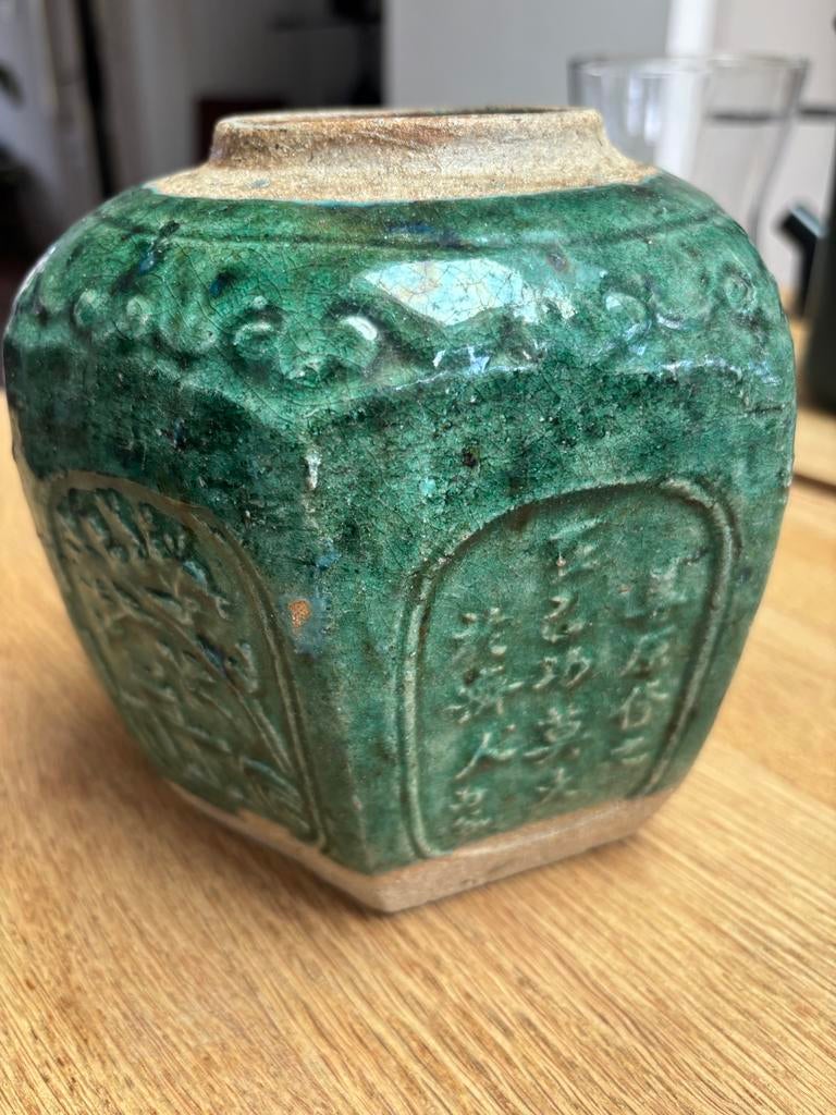 Antieke Chinese Zeshoekige Gemberpot - Groen Geglazuurd, Ophalen