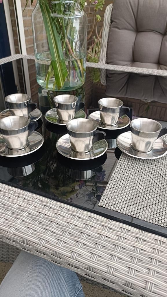 6 Vintage IKEA RVS espresso set kopjes en schotels, Ophalen of Verzenden