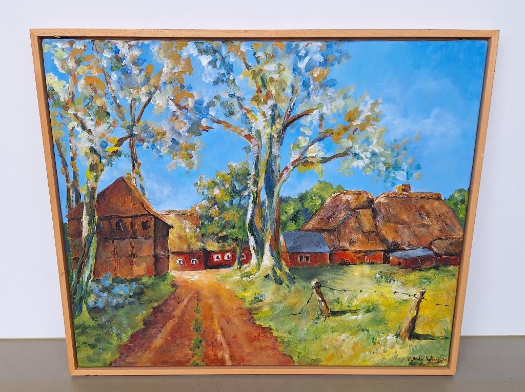 schilderij Wissink erf Drentse boerderij in baklijst 53x63cm, Ophalen of Verzenden