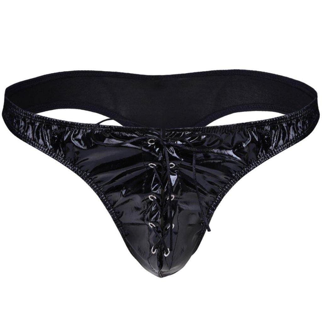 Zwarte kunstleren heren veter string / wetlook slip sexy, Verzenden, Zwart, Slip