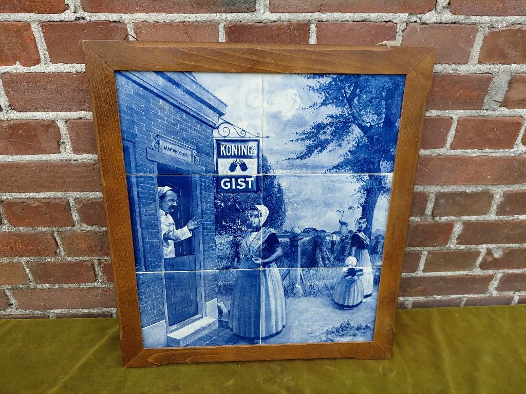 Delftsblauw 6-pas tegeltableau, reclame Konings gist., Verzenden