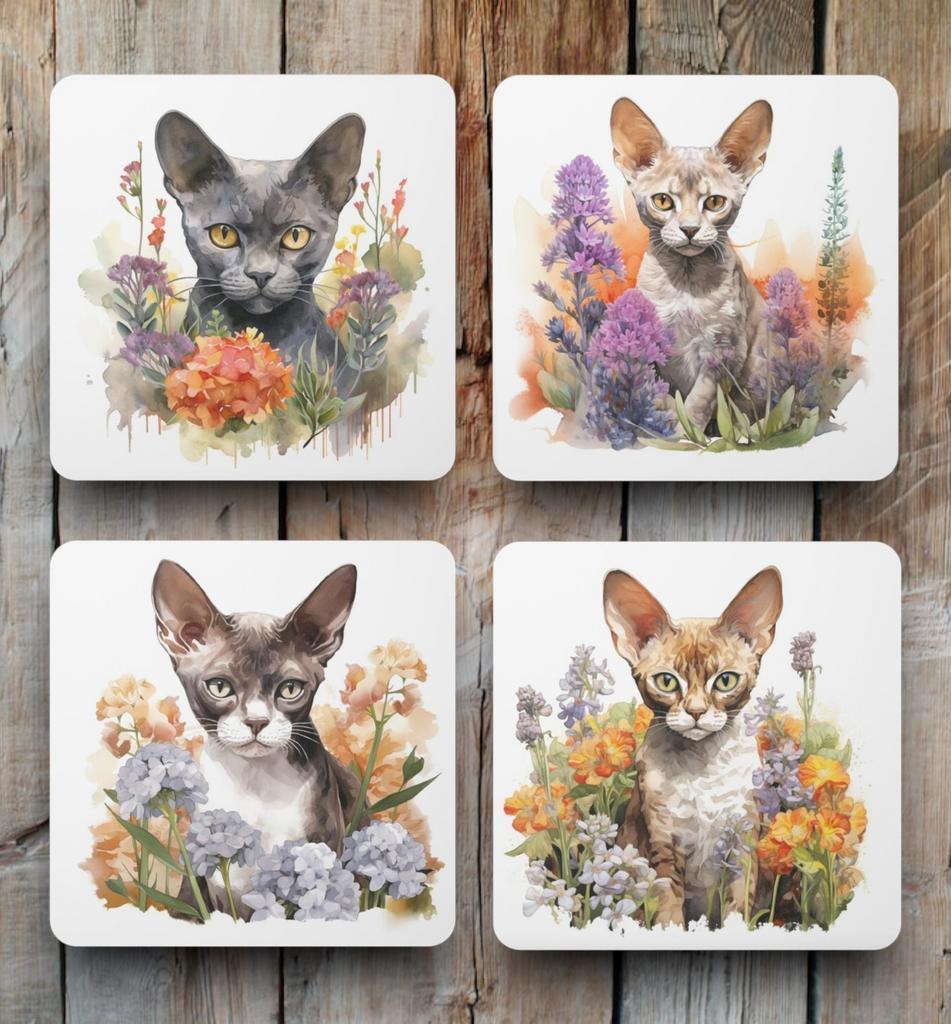 Devon Rex Aquarel onderzetters met houder, Ophalen of Verzenden, Nieuw, Glas of Kopje