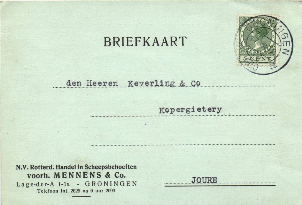 voorh. Mennes + Co., Groningen - 07.1930 - briefkaart, Postzegels en Munten, Brieven en Enveloppen | Nederland, Briefkaart, Ophalen of Verzenden