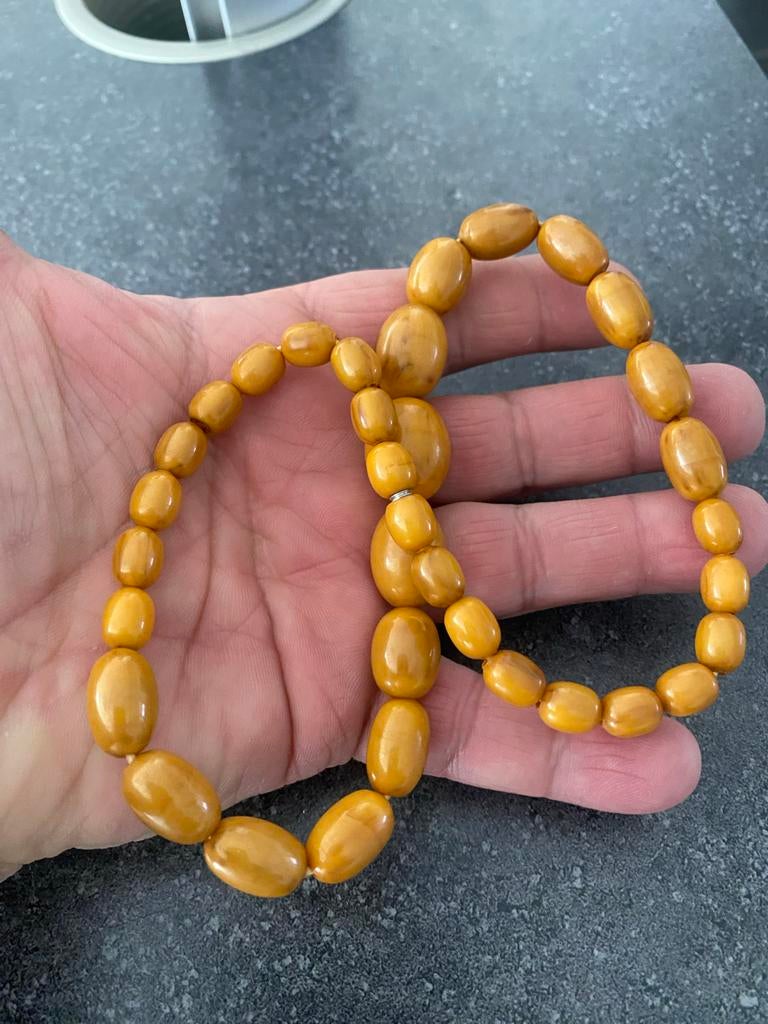 Vintage barnsteenkleurige kralenketting, Sieraden, Tassen en Uiterlijk, Kettingen, Ophalen of Verzenden, Gebruikt, Geel, Overige materialen