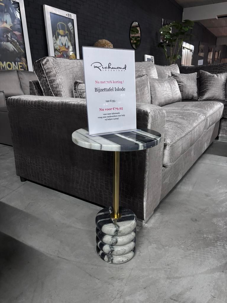 Luxe bijzettafel marmer en goud, Richmond Interiors, Overige materialen, Minder dan 55 cm, Rond, Zo goed als nieuw