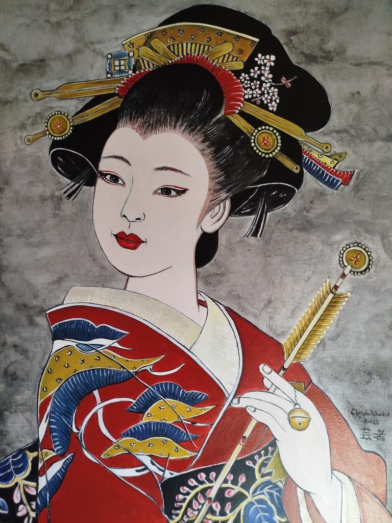 Groot schilderij Japanse Geisha, Antiek en Kunst, Ophalen